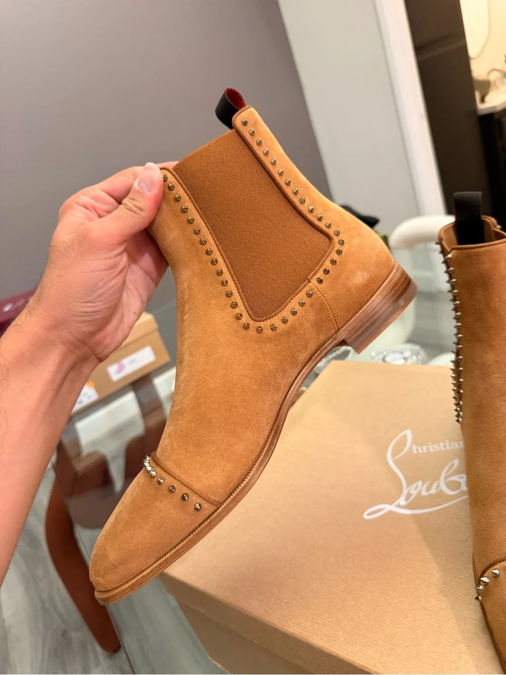 Men's Suede Chelsea Cloo Boots with Stud Detail - Tan